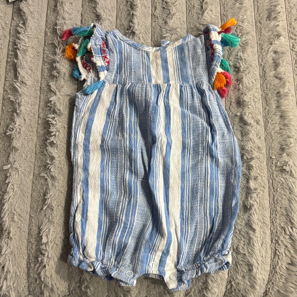 Mud Pie Blue and White Striped Romper with Colorful Tassels